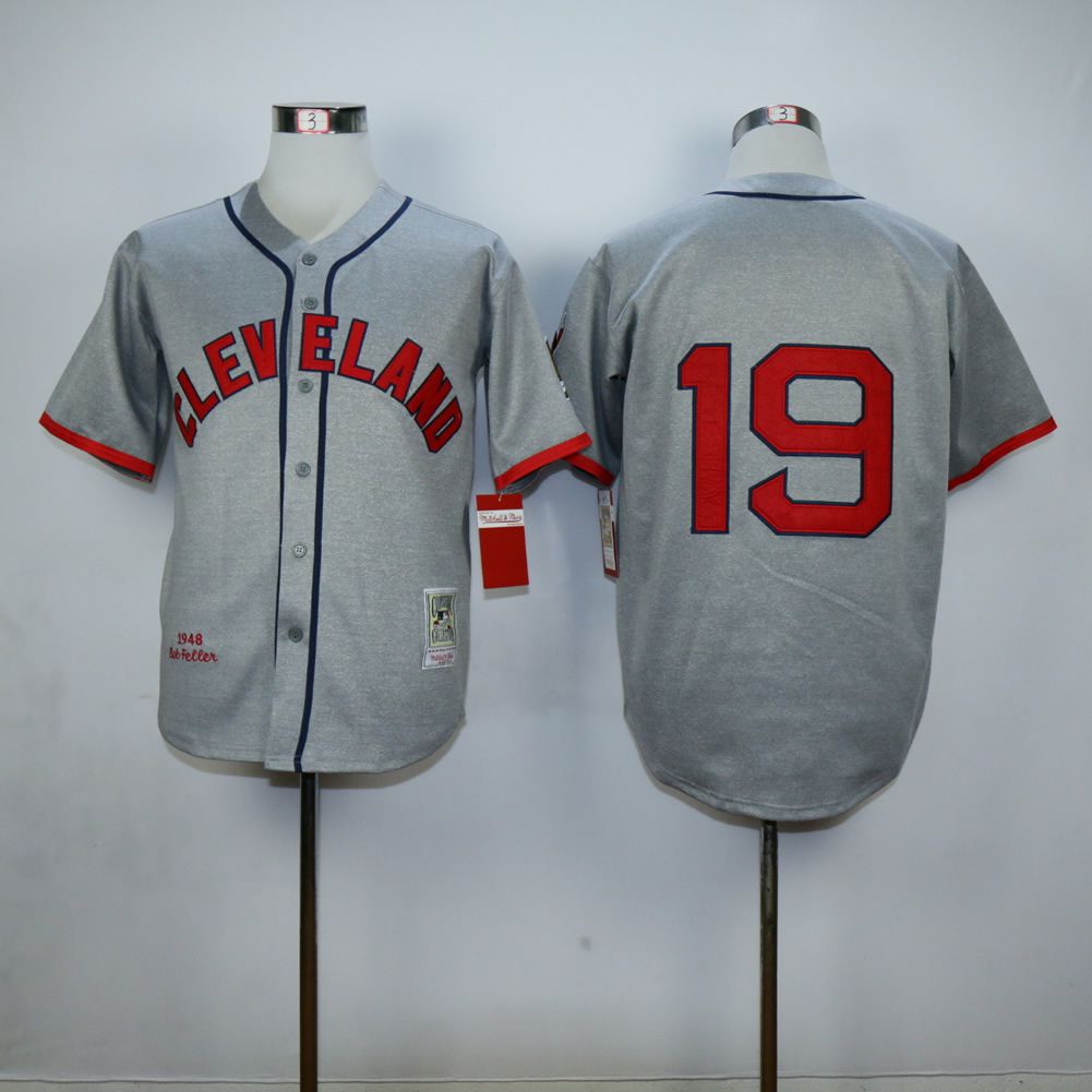 Men Cleveland Indians 19 Feller Grey Throwback MLB Jerseys